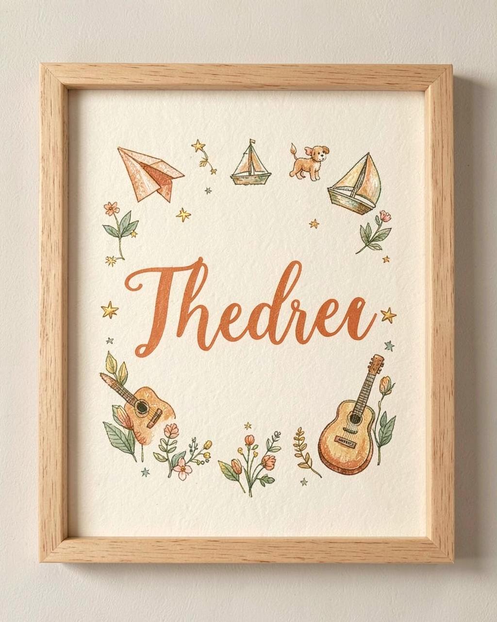 Personalised illustrated name artwork with illustrations surrounding the name